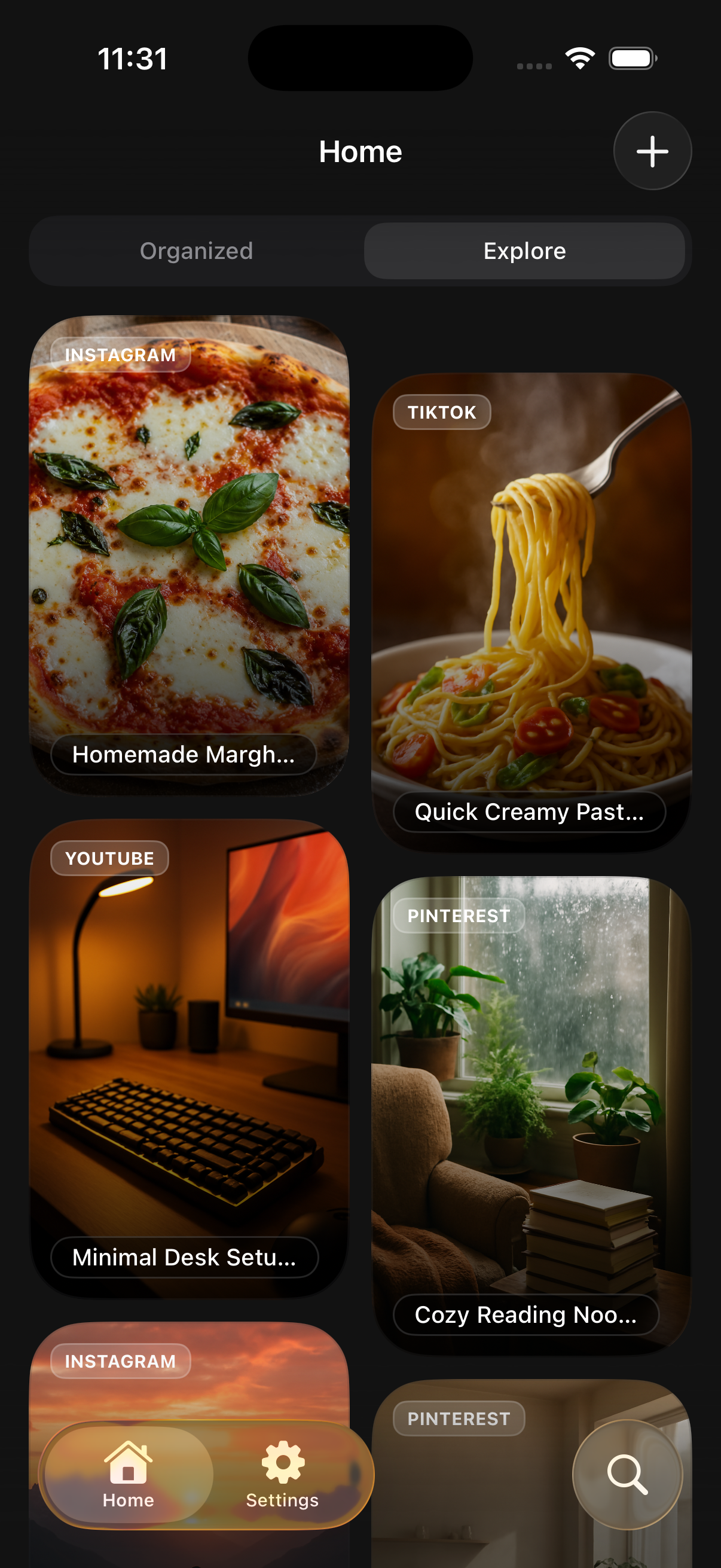 Nemor Home Gallery showing saved links as visual cards