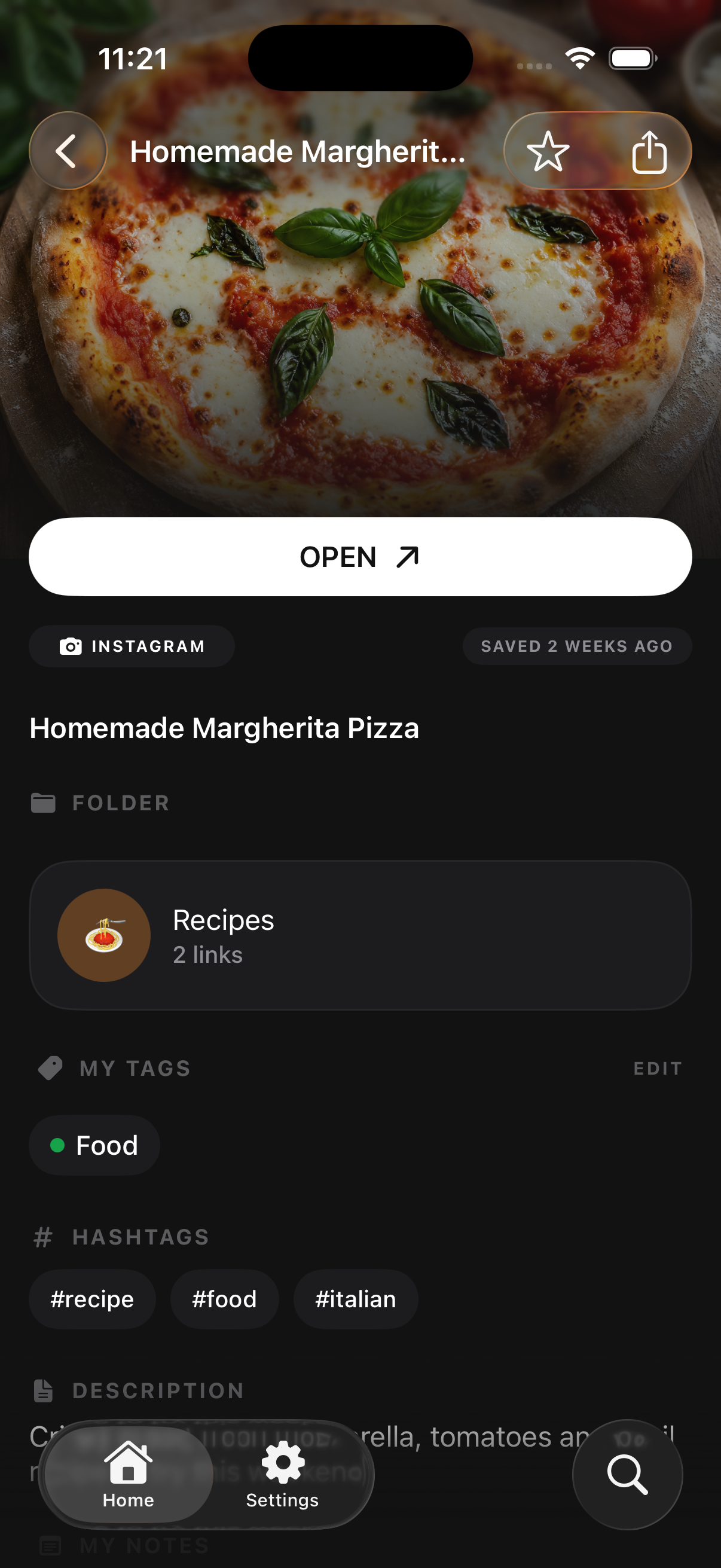 Nemor Link Details screen with folders, tags, hashtags, and notes