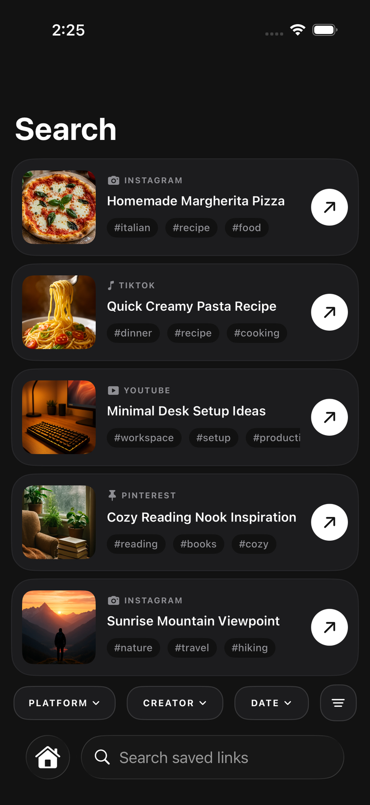 Nemor Search with saved links and platform, creator, and date filters