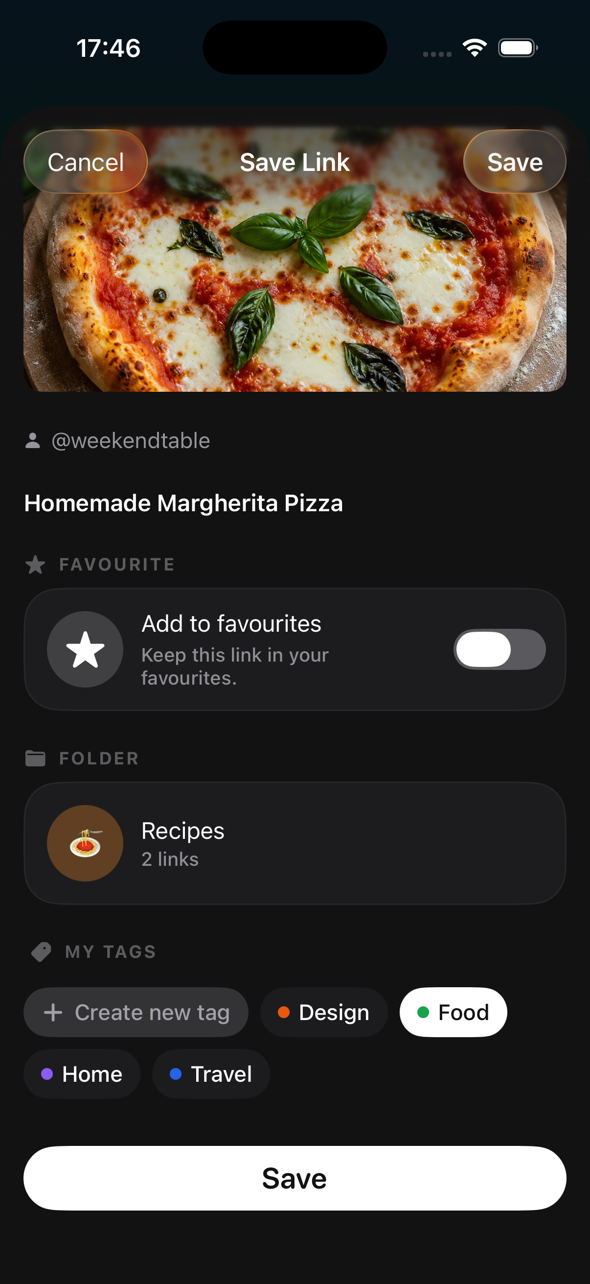 Nemor Share View for saving a link from another app